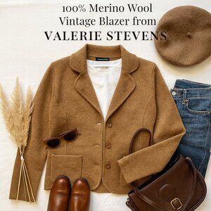 Vintage Valerie Stevens Camel Wool Blazer Jacket Sz L Soft Knit Button Front